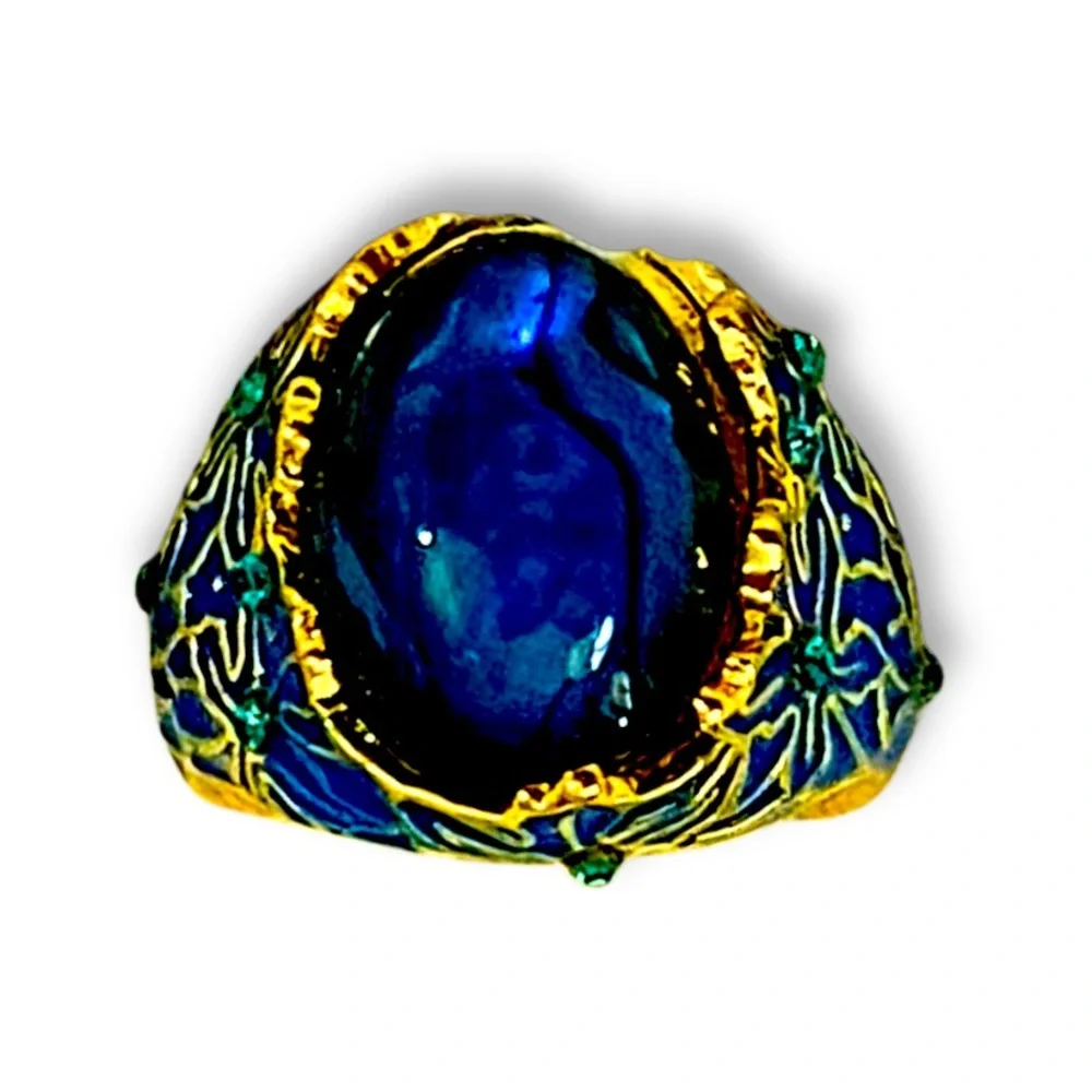 EXQUISITE BLUE STONE DOME RING Y2K Artsy Boho Gold Blue Rhinestone Chips SZ6